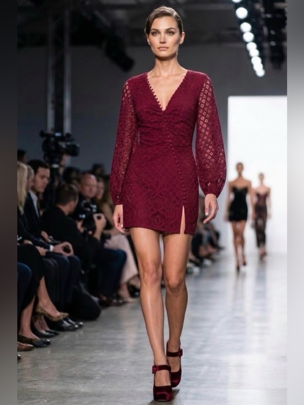 BARDOT Lily Burgundy Lace Deep V-neck Bell Sleeves Mini Dress S